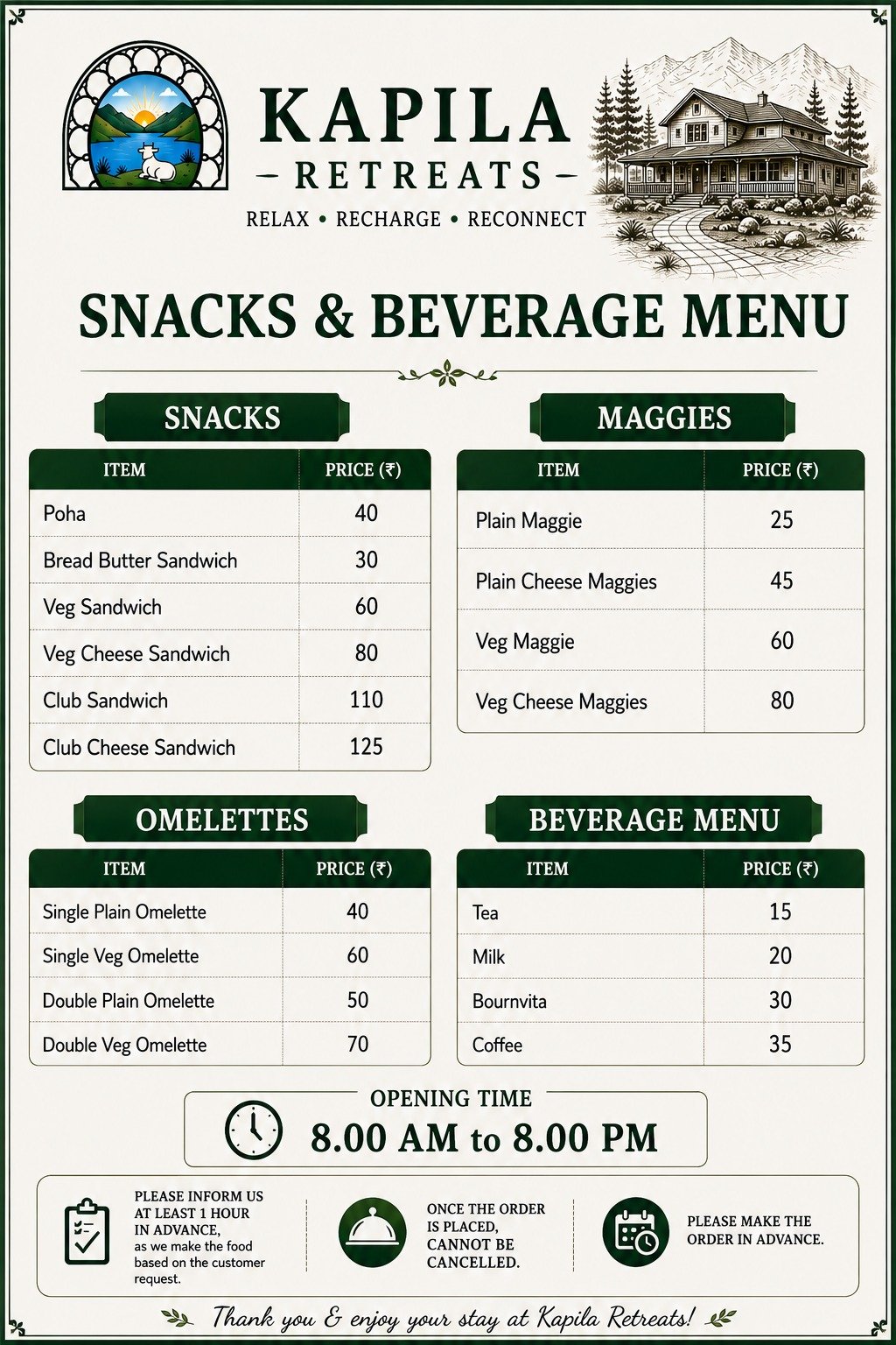 Snacks and Beverage Menu